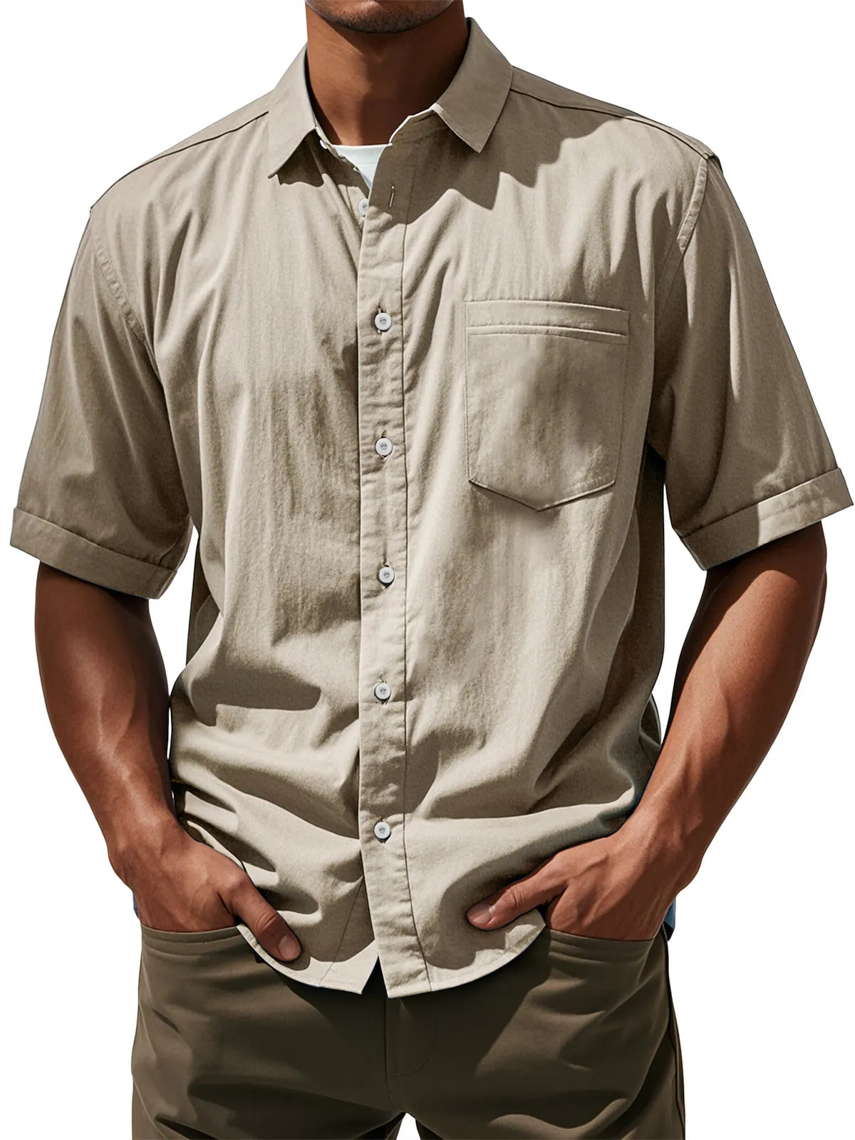 Men's Daily Casual Pocket Solid Color Comfortable Short Sleeve Shirt