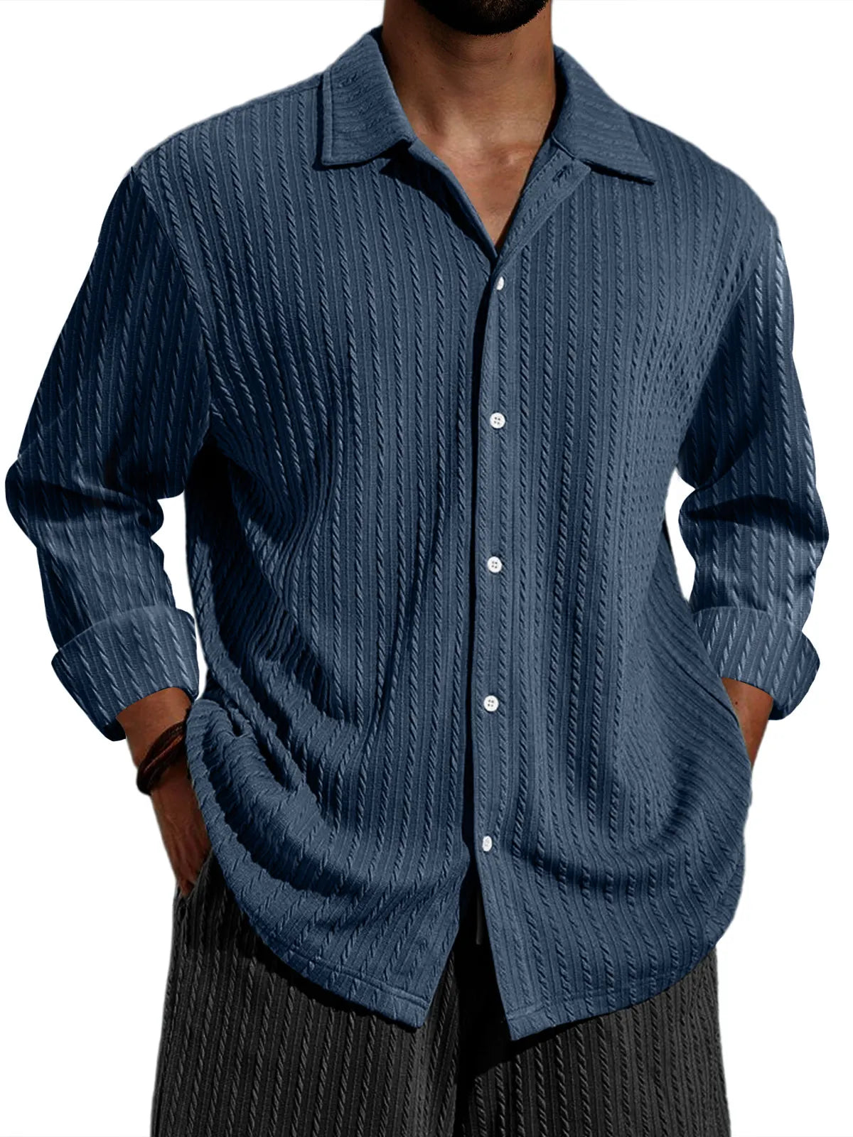 Men's Casual Vertical Stripe Solid Color Long-sleeved Shirt
