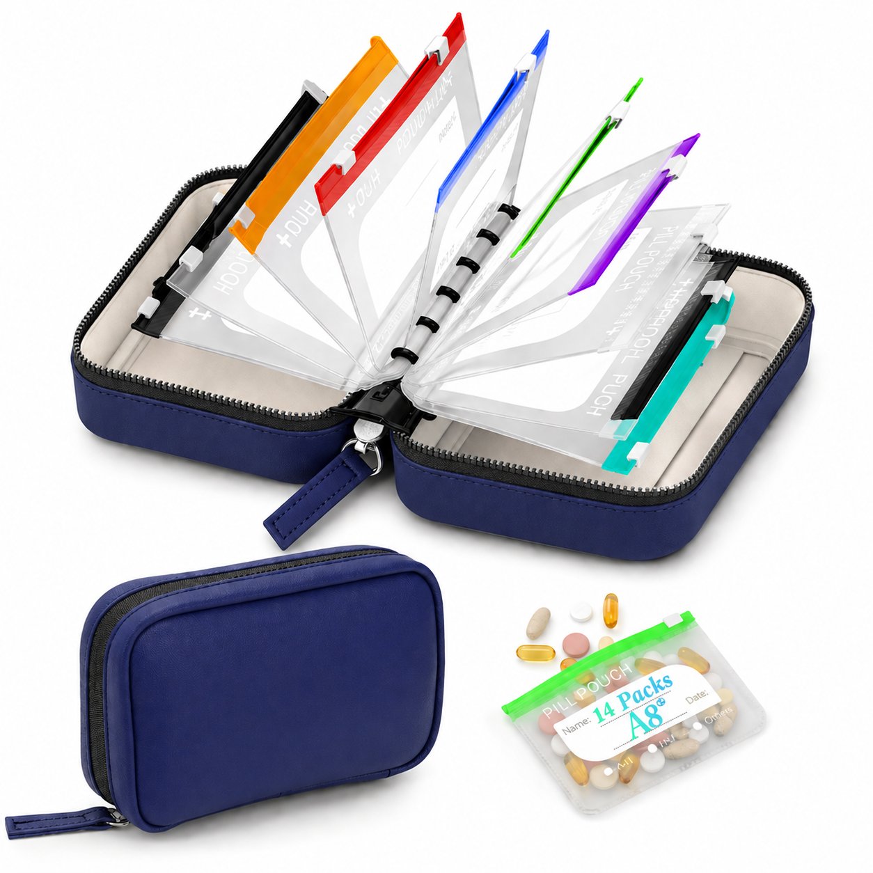 Waterproof Pill Organizer Pouch Set – 14 Removable, Colour-Coded Bags, Easy to Label & Refill