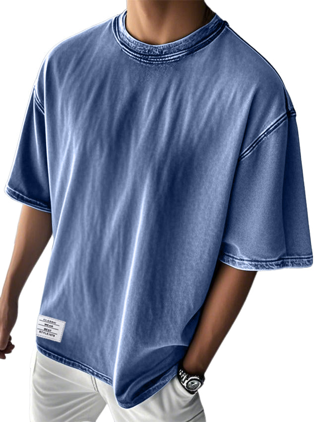 Men's Stylish Washed Distressed Cotton Logo Casual Short Sleeve T-shirt