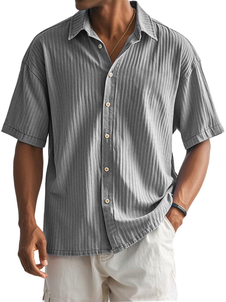 Men's Fashion Casual Ribbed Fabric Short-sleeved Lapel Shirt