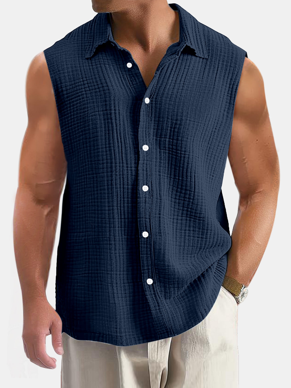 Men's Summer Casual Simple Puff Wrinkle Sleeveless Shirt