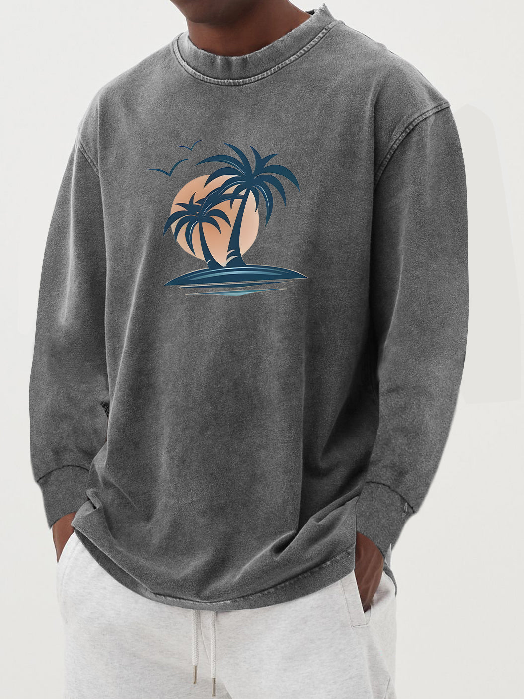 Men's Washed And Distressed 100% Palm Tree Print Long-sleeved T-shirt