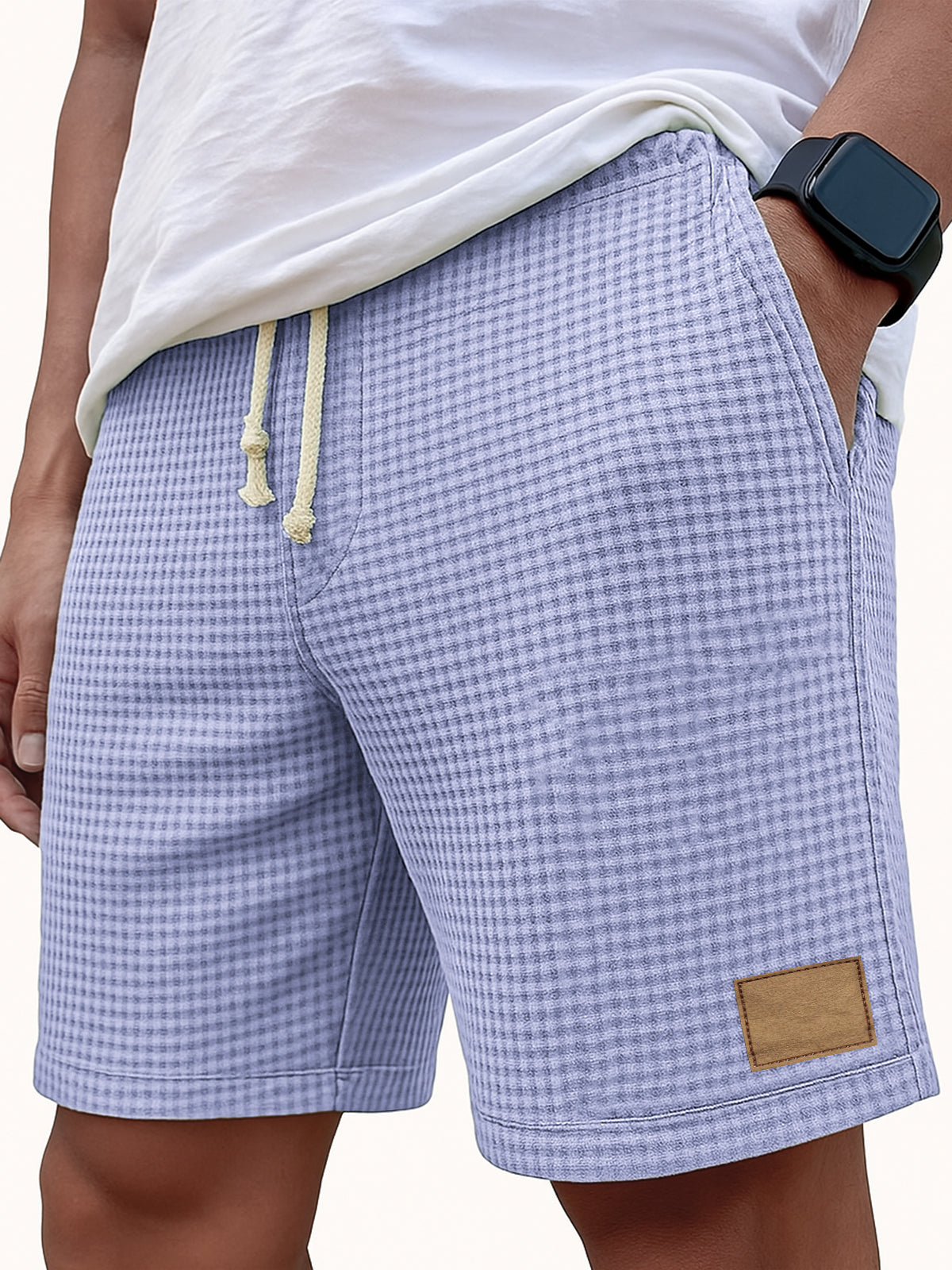 Men's Comfortable Waffle Vintage Embroidered Logo Casual Lace Up Loose Shorts