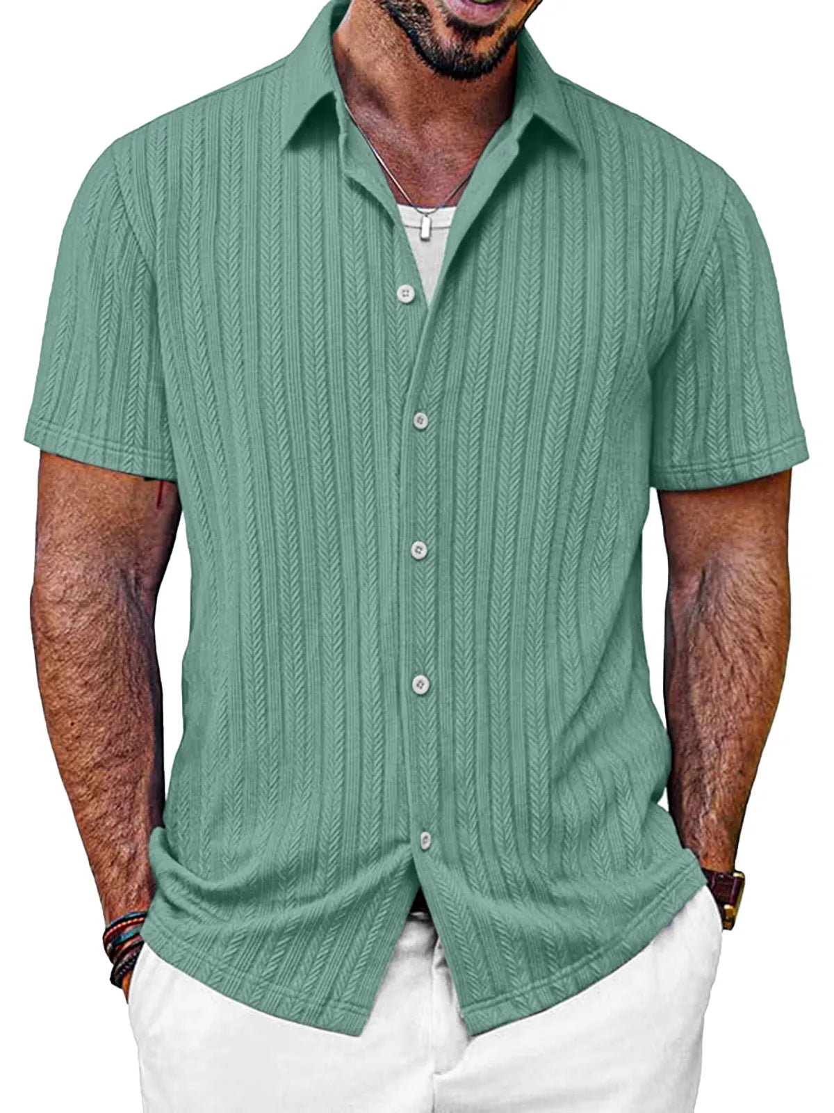 Men's Casual Solid Color Textured Short-sleeved Button-down Shirt