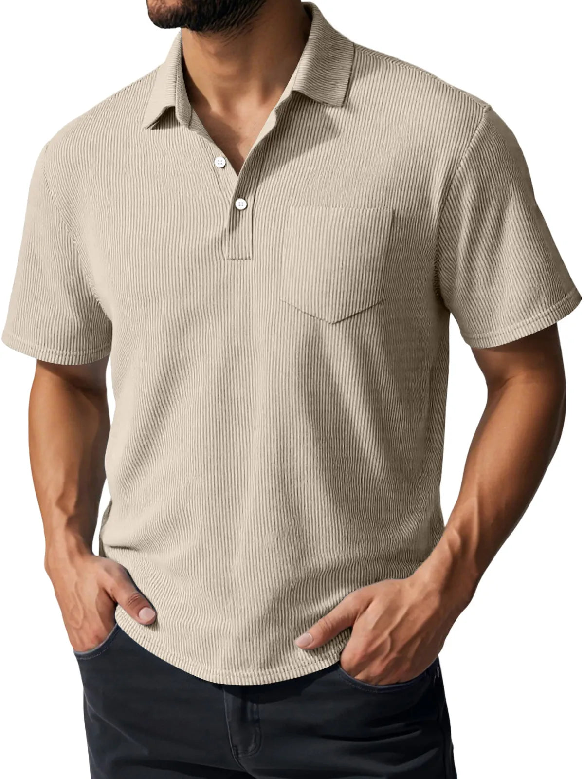 Men's Daily Casual Ribbed Lapel Button Pocket Short-sleeved Polo Shirt