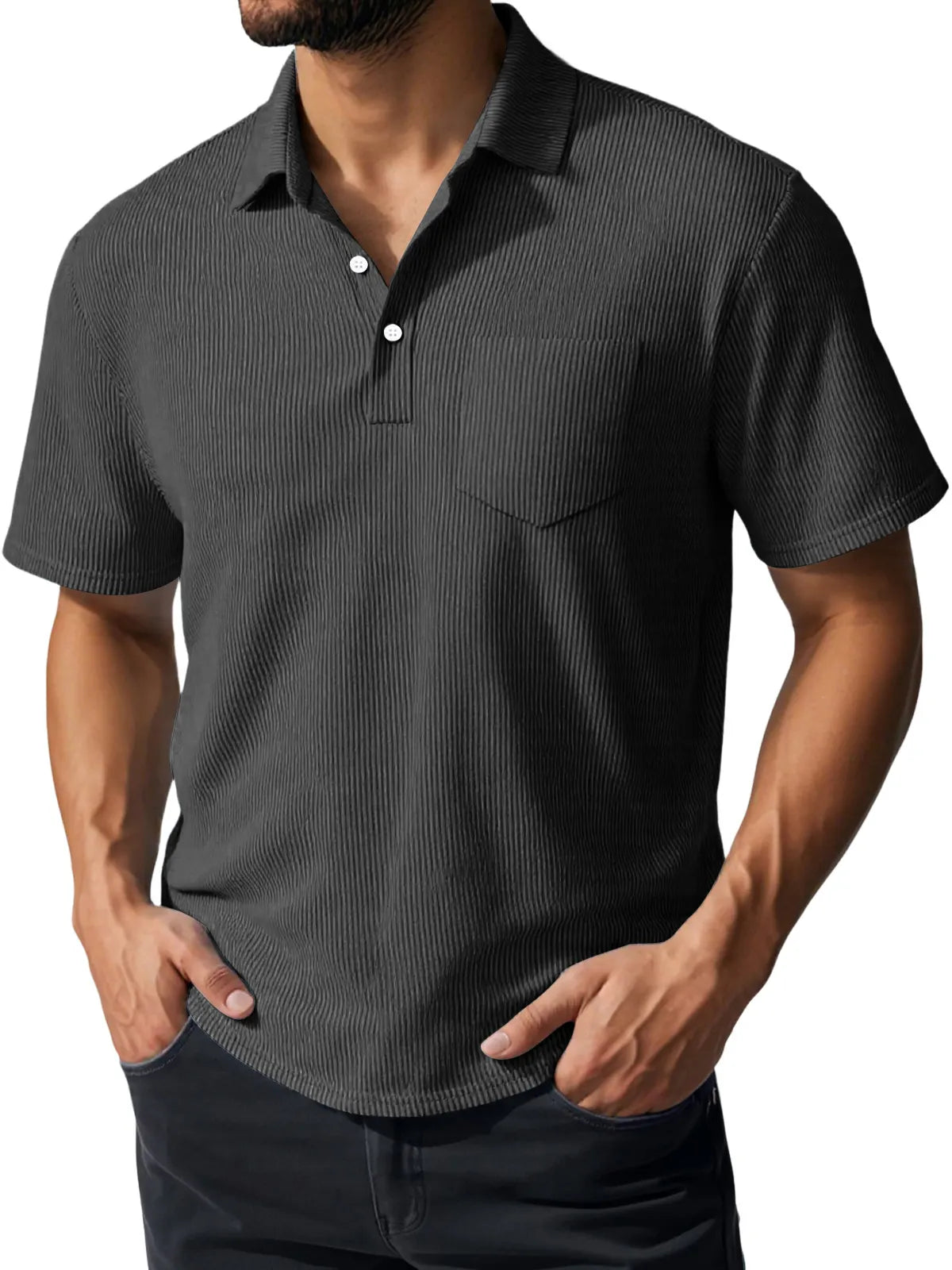 Men's Daily Casual Ribbed Lapel Button Pocket Short-sleeved Polo Shirt