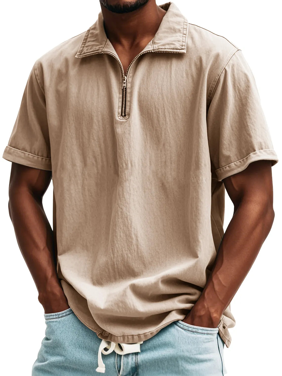 Men's Fashion Retro Zipper Stand Collar Short Sleeve Shirt