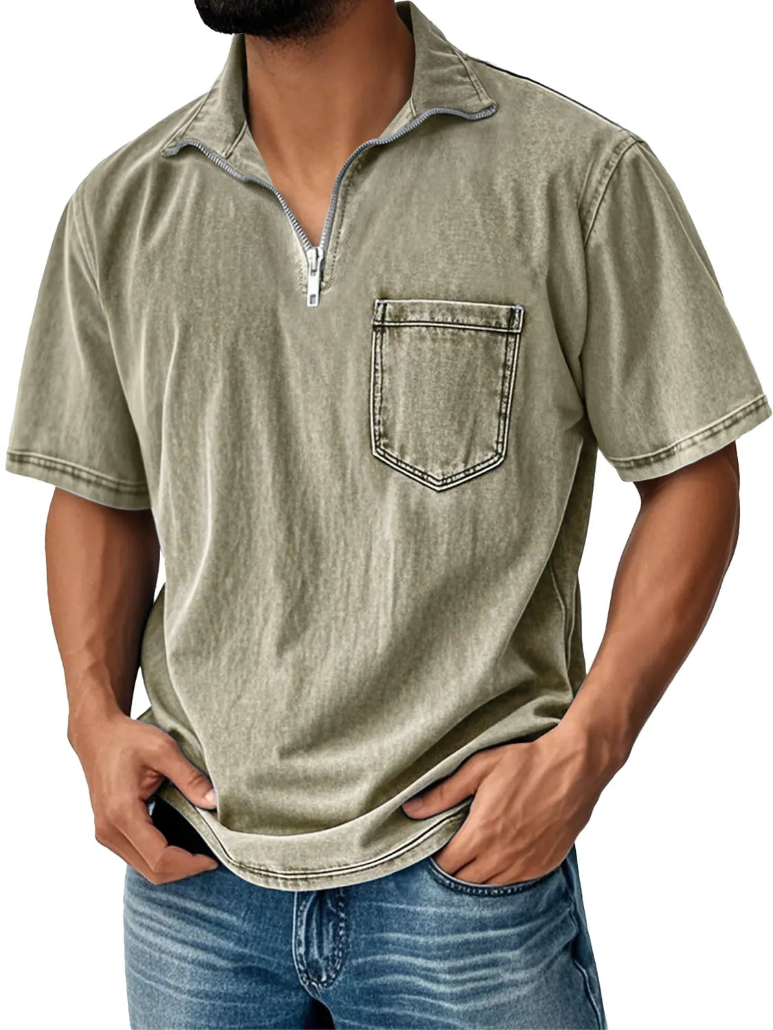 Men's Retro Daily Stand Collar Zipper Pocket Casual Short Sleeve T-shirt