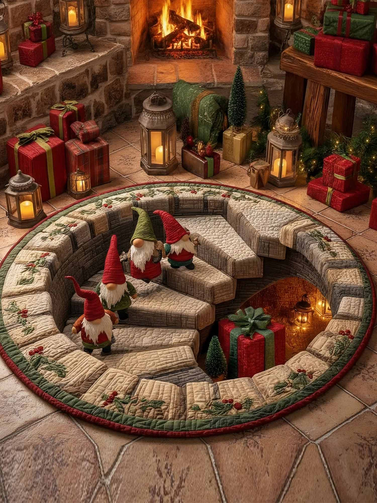 Gnome Stairs Quilted Christmas Tree Skirt