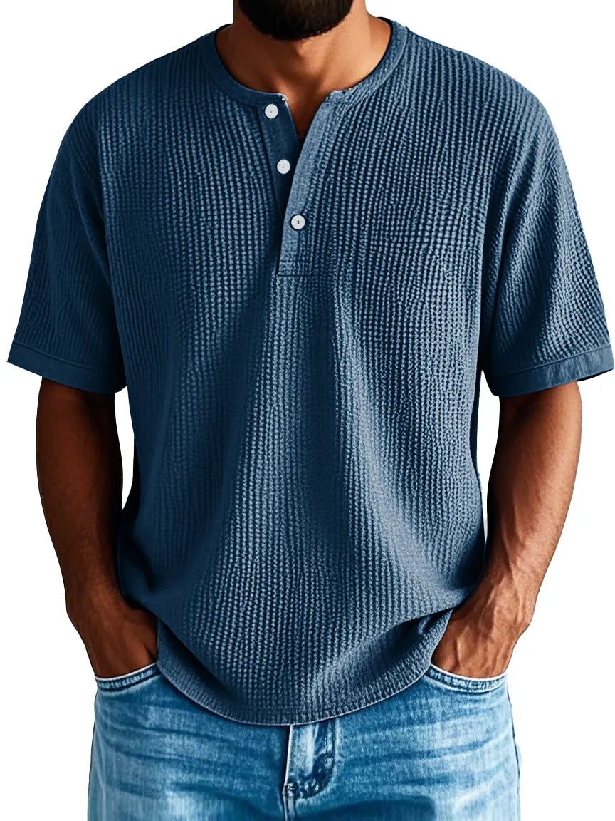 Men's Fashion Casual Pleated Fabric Short-sleeved Vintage Henley Shirt