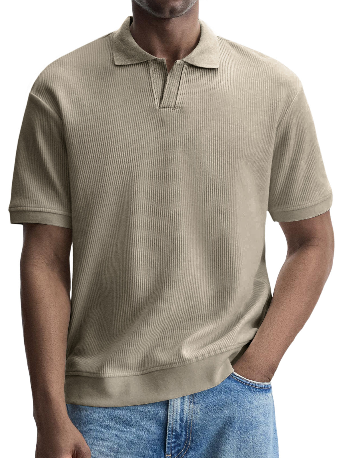 Men's Fashionable Casual Pitted V-neck Solid Color Short-sleeved Polo Shirt