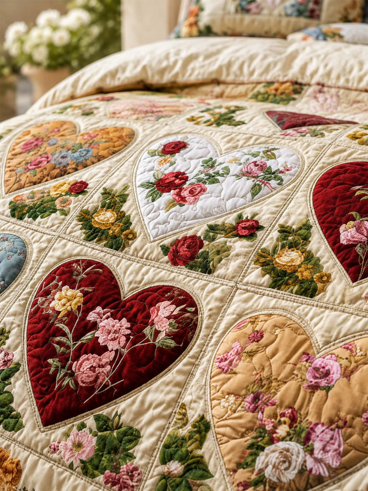 Vintage Heart Floral Quilted 3-Piece Bedding Set – Luxury Quilted Bedding with Matching Pillow Shams