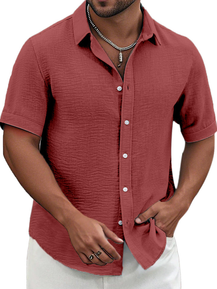 Men's Summer Solid Color Textured Short-sleeved Lapel Button-down Shirt
