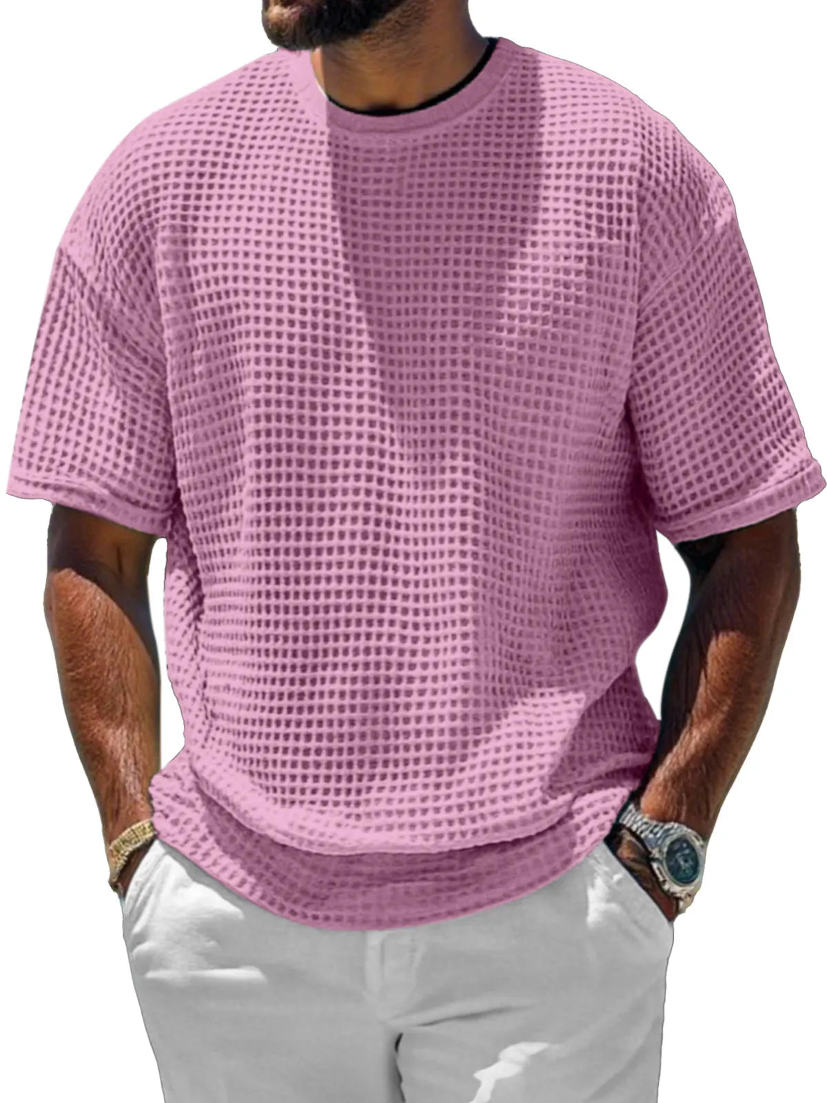 Men's Casual And Comfortable Short-sleeved Solid Color Waffle Round Neck T-shirt
