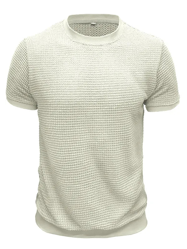 Men's Knitted Waffle Quality Casual Round Neck Short-sleeved T-shirt