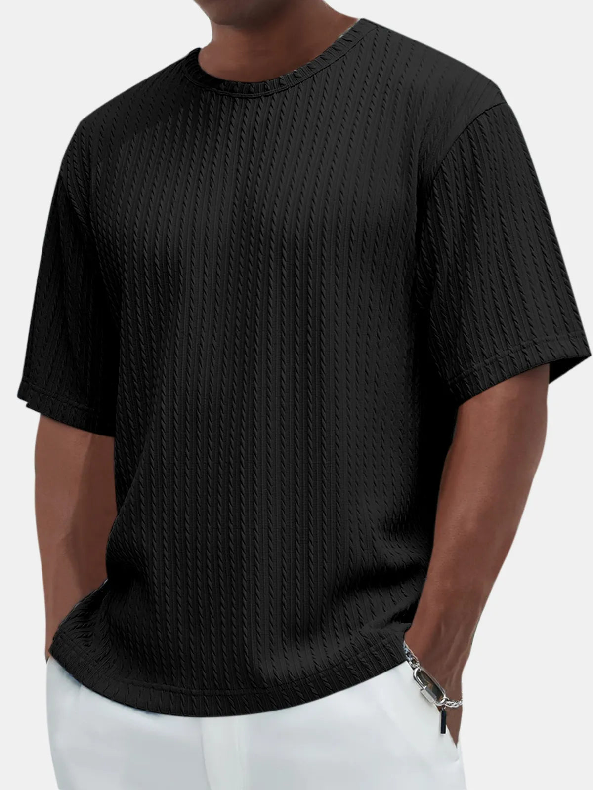 Men's Casual Solid Color Comfortable Daily Jacquard Texture Short-sleeved T-shirt