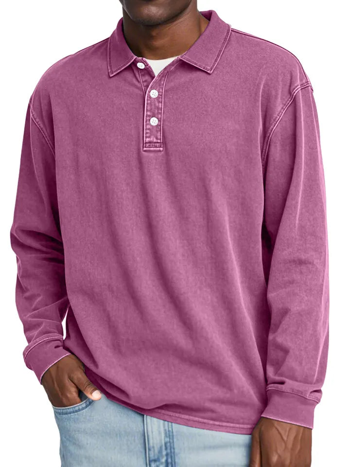 Men's Retro Lapel Button Solid Color Long Sleeve POLO Shirt