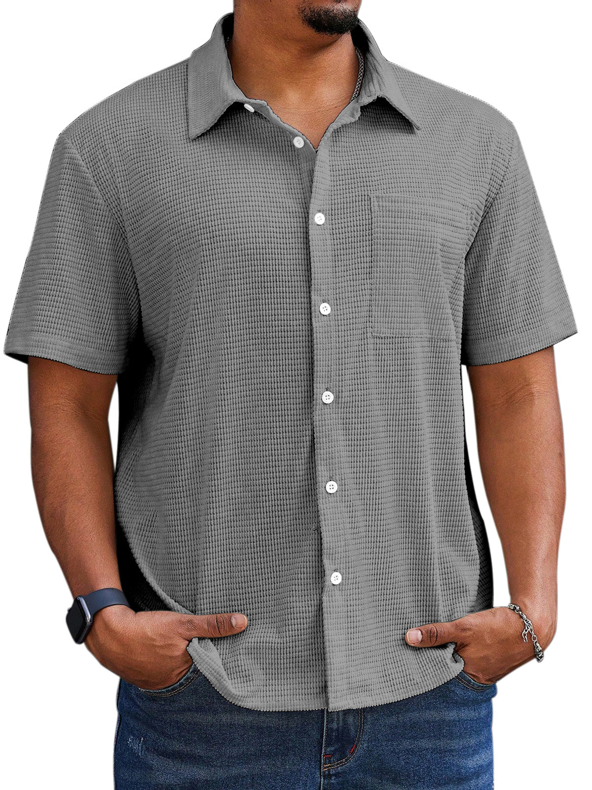 Men's Casual Simple Comfortable Waffle Short Sleeve Shirt