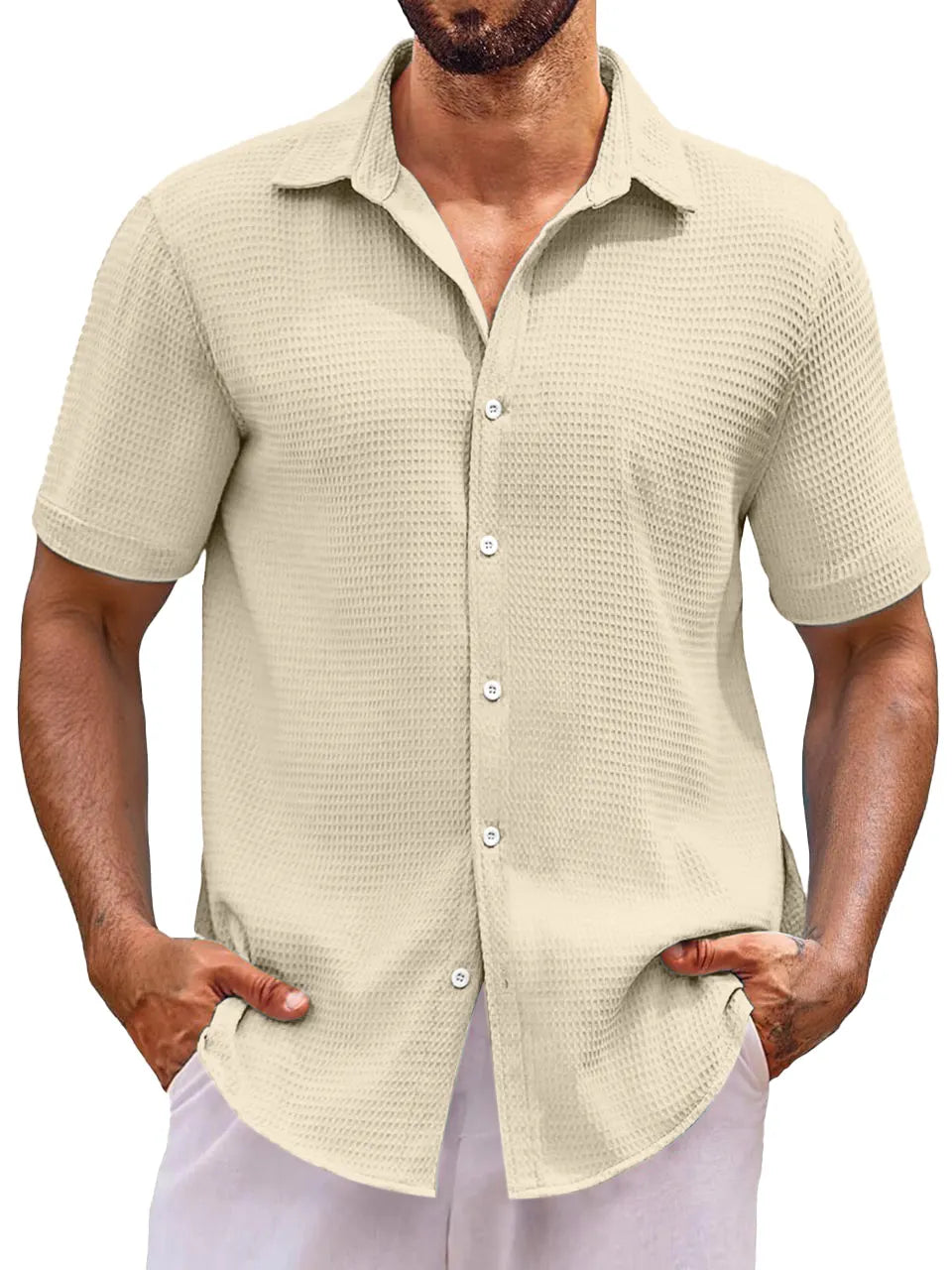 Men's Everyday Loose Solid Color Waffle Short Sleeve Shirt