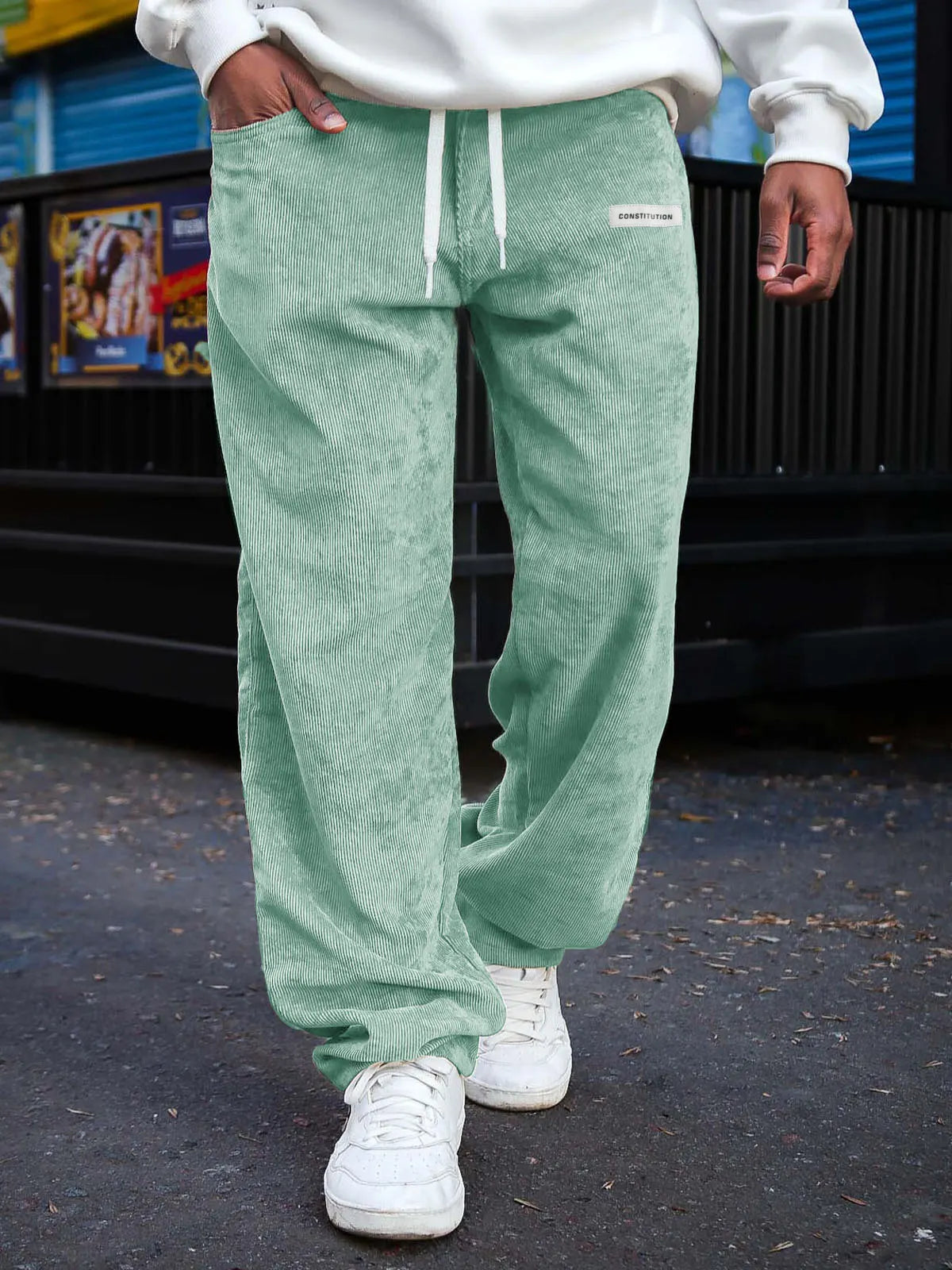 Men's Fashion Daily Corduroy Ribbed Fabric Embroidered Logo Elastic Waist Trousers