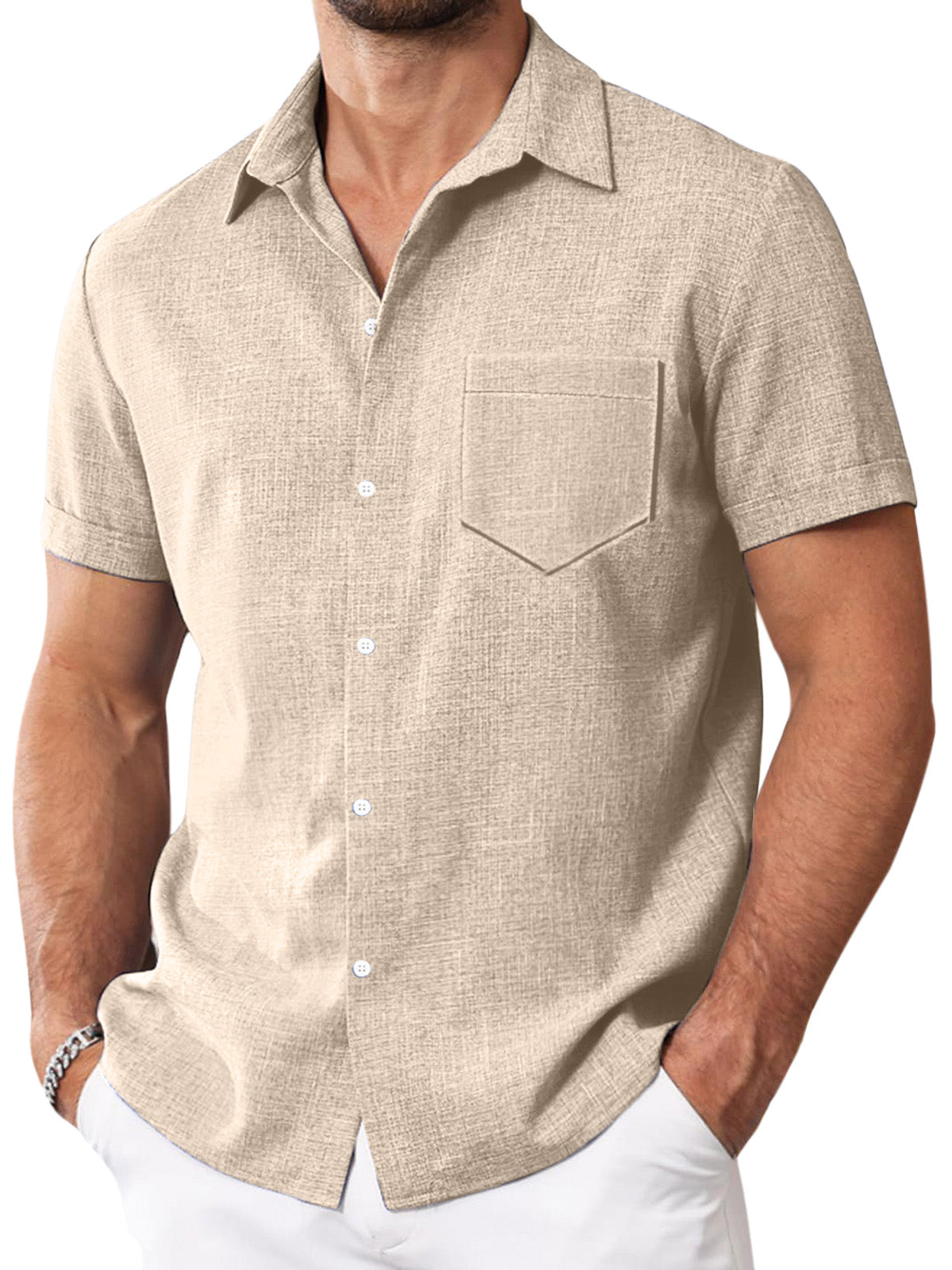 Men's Simple Solid Color Imitation Linen Lapel Button-down Short-sleeved Shirt