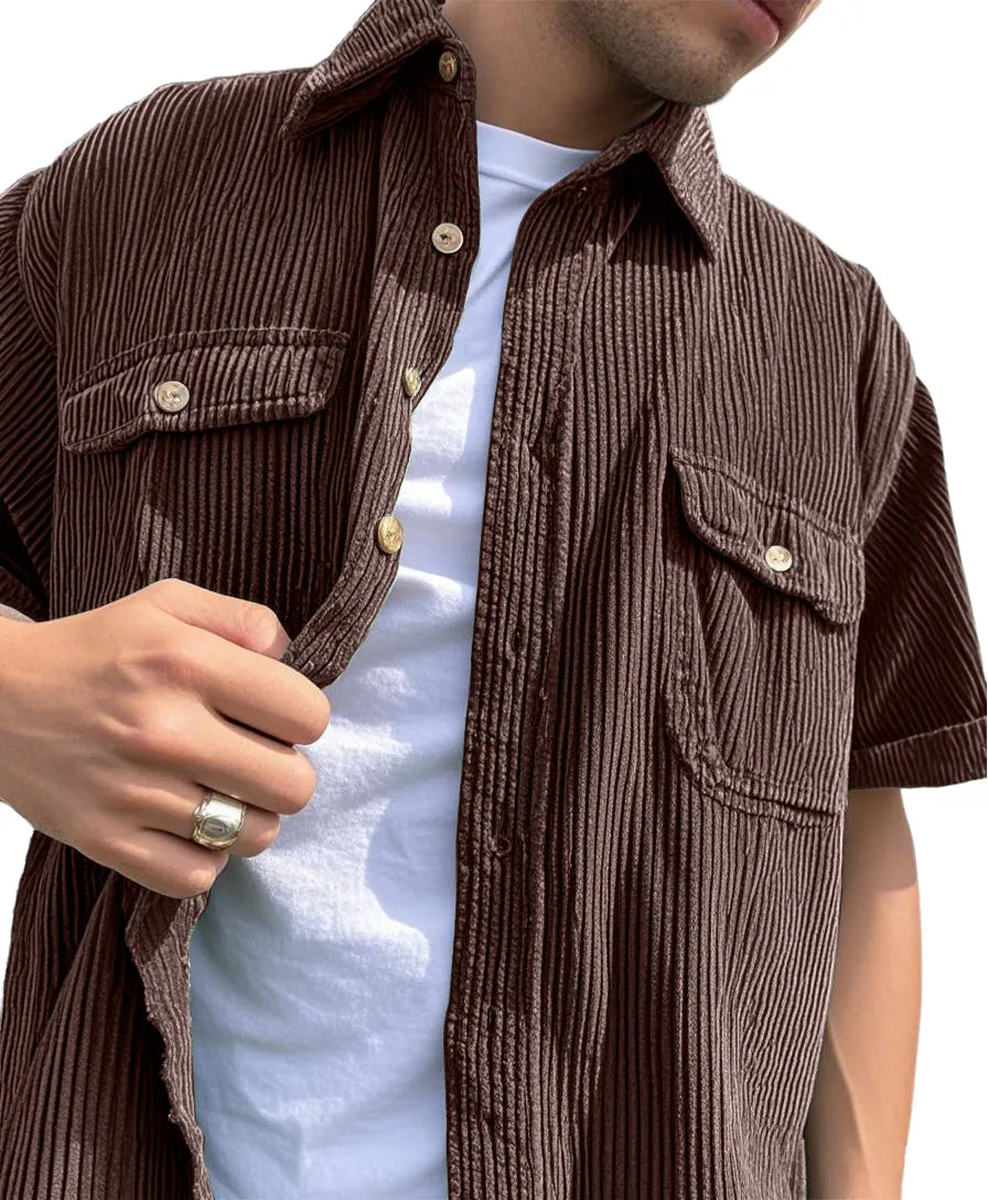 Men's Fashion Double-pocket Retro Corduroy Workwear Casual Short-sleeved Shirt