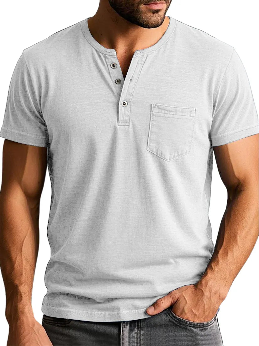 Men's Vintage Henley Collar Pocket Short Sleeve Casual T-shirt