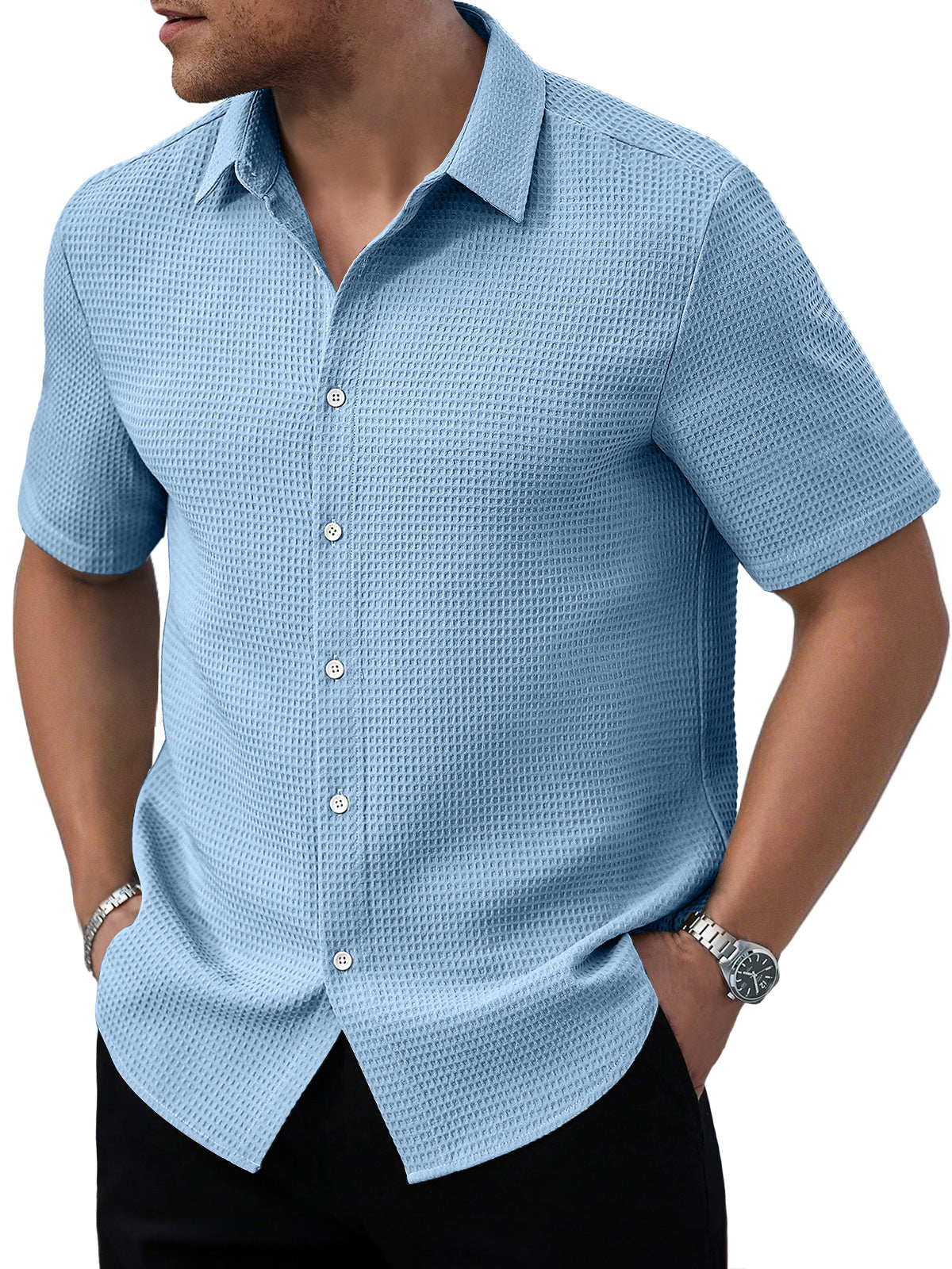 Men's Waffle Daily Casual Comfort Solid Color Short Sleeve Shirt