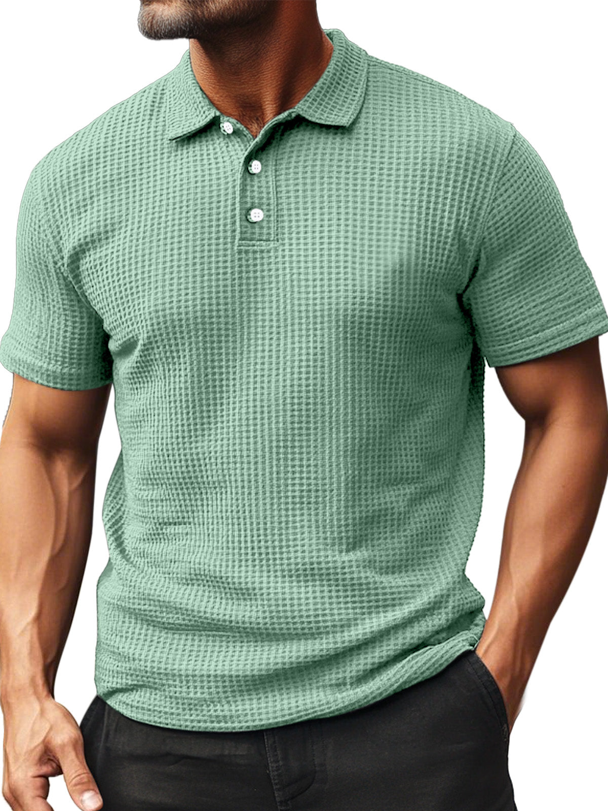 Men's Summer Daily Waffle Texture Short Sleeve Button-up Polo Shirt