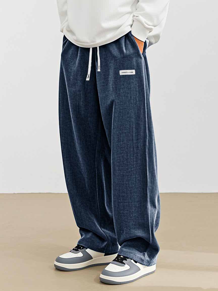 Men's Fashion Casual Everyday Hemp Fabric Pocket Embroidered Logo Loose Trousers