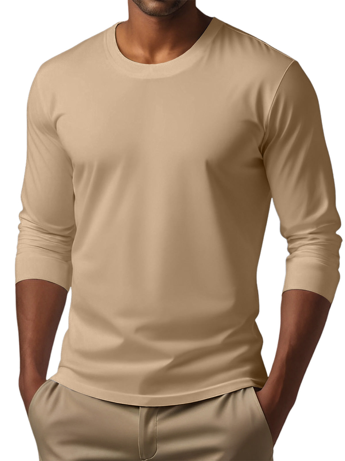 Men's Casual Round Neck Solid Color Comfortable Long Sleeve T-Shirt