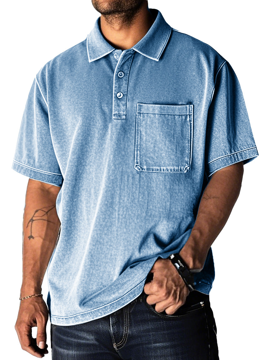 Men's Fashion Retro Distressed Pocket Short Sleeve Lapel Polo Shirt