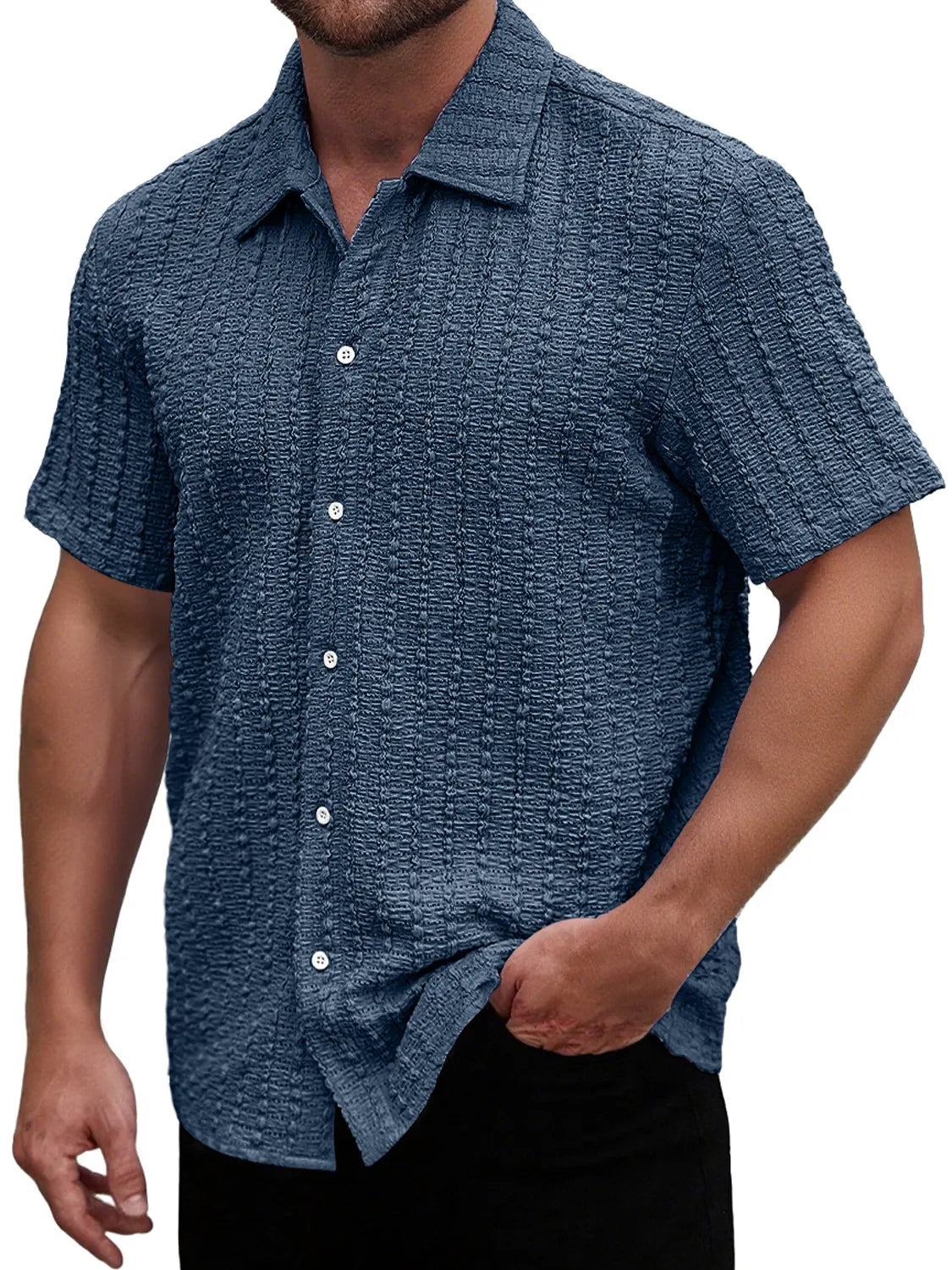 Men's Casual Textured Lapel Solid Color Short-sleeved Shirt
