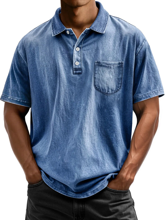 Men's Vintage Cotton Washed Distressed Lapel Pocket Short Sleeve POLO Shirt