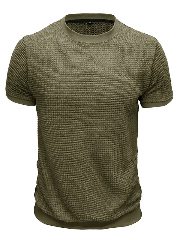 Men's Knitted Waffle Quality Casual Round Neck Short-sleeved T-shirt