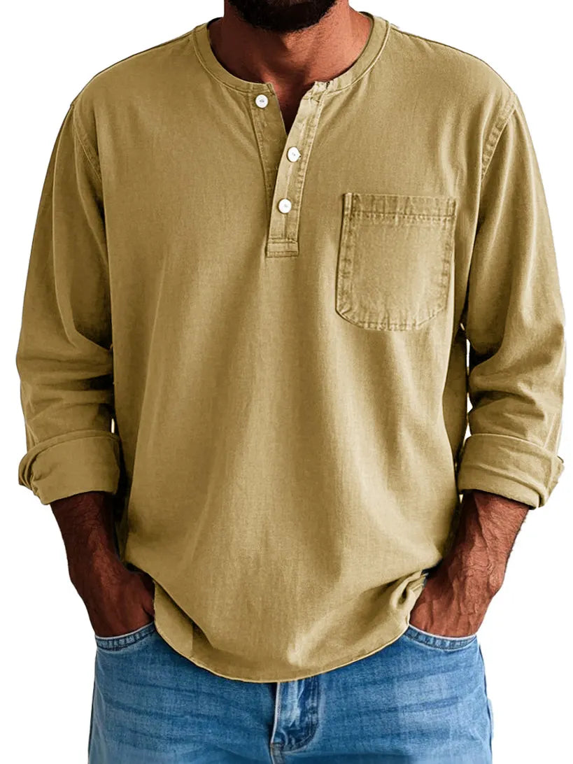 Men's Fashion Vintage Washed Cotton Long Sleeve Pocket Henley Shirt