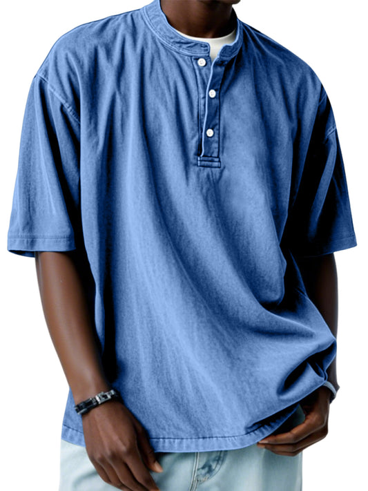 Men's Casual Simple Solid Color Short Sleeve Henley Shirt