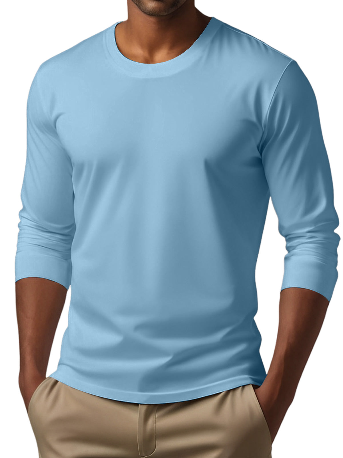 Men's Casual Round Neck Solid Color Comfortable Long Sleeve T-Shirt