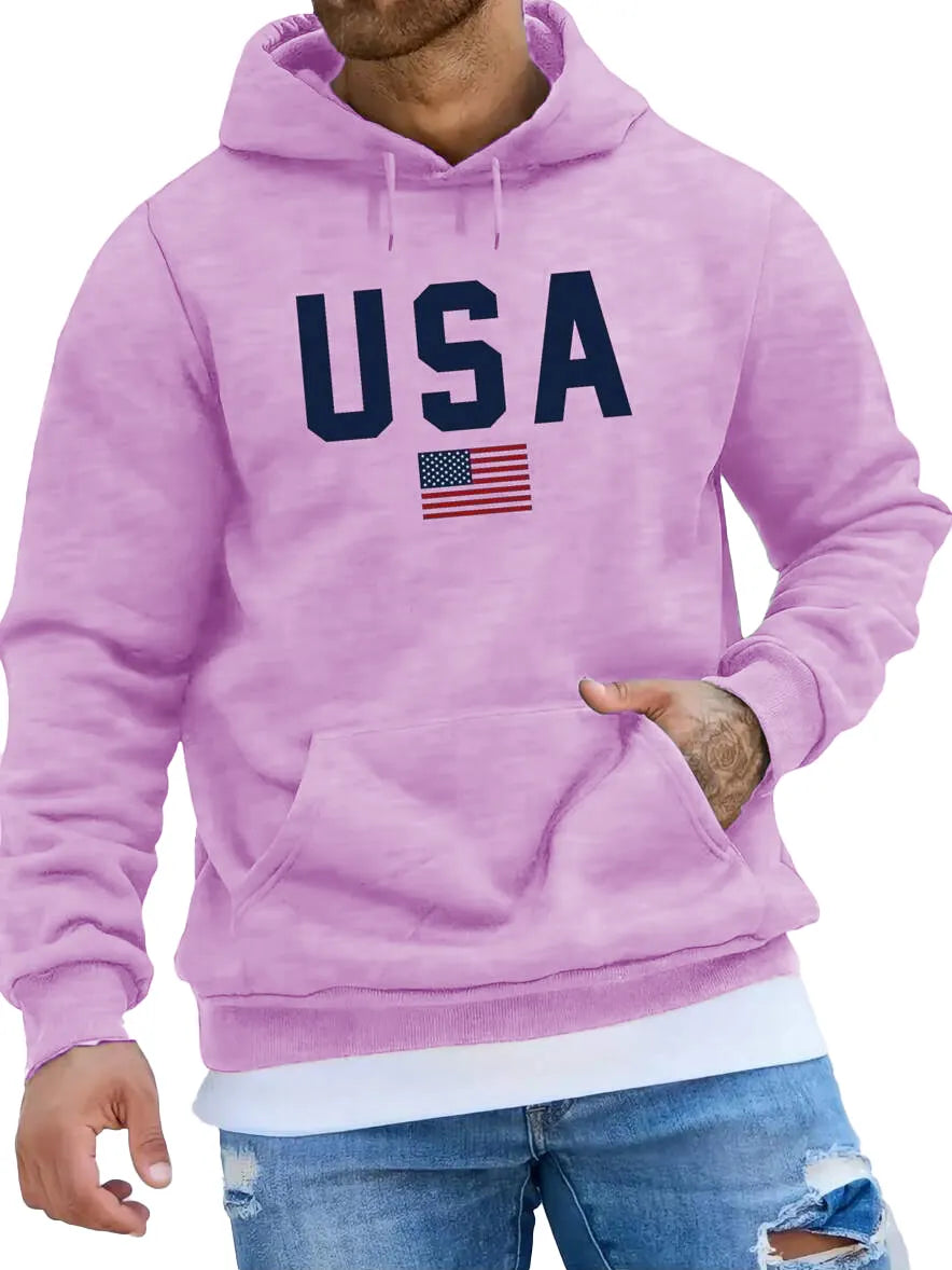 Men's Fashionable American Flag Print Pocket Long Sleeve Hoodie