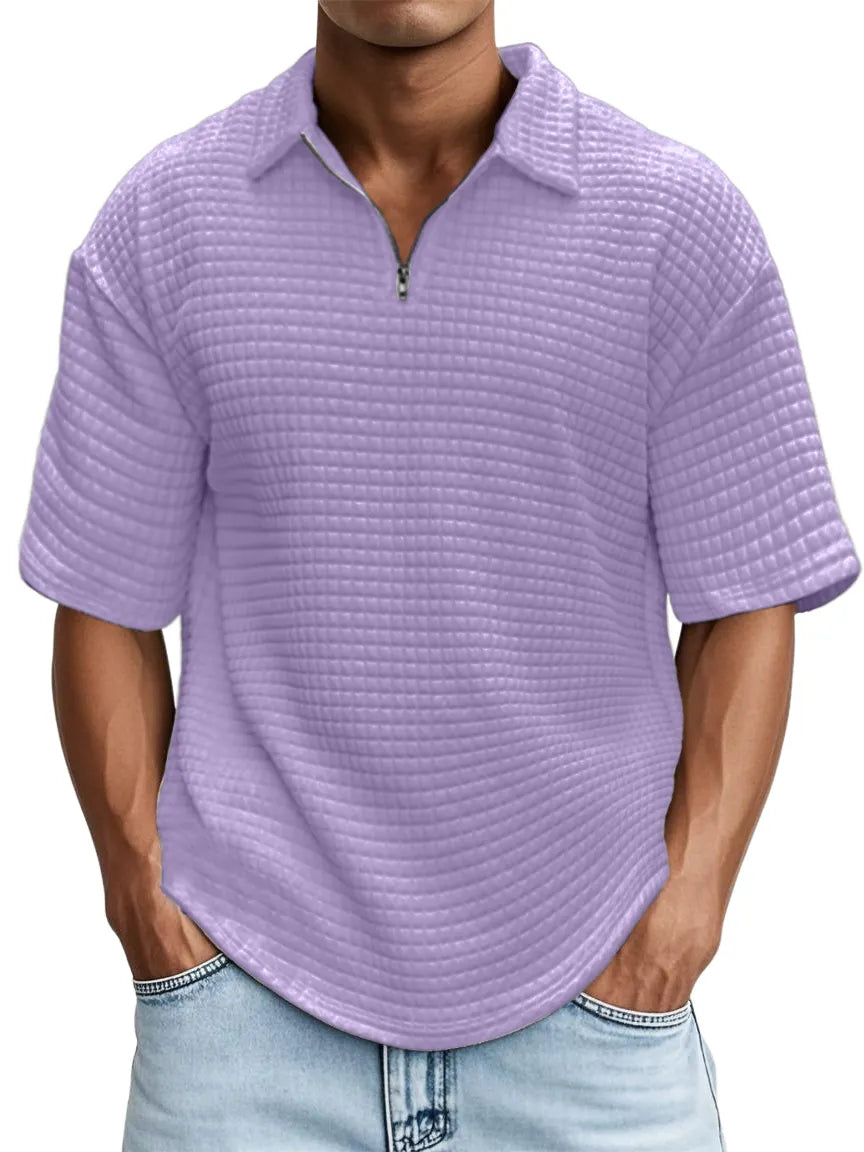 Men's Waffle Fabric Zipper Short-sleeved Top