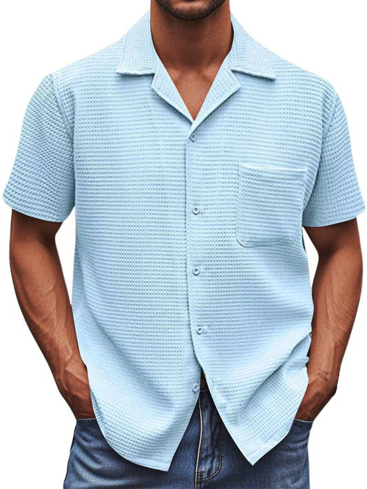 Men's Cuban Collar Waffle Texture Basic Soft And Comfortable Daily Casual Pocket Short-sleeved Shirt