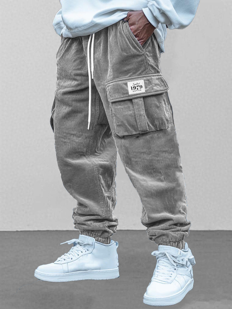Men's Fashion Retro Workwear Pocket Elastic Drawstring Trousers