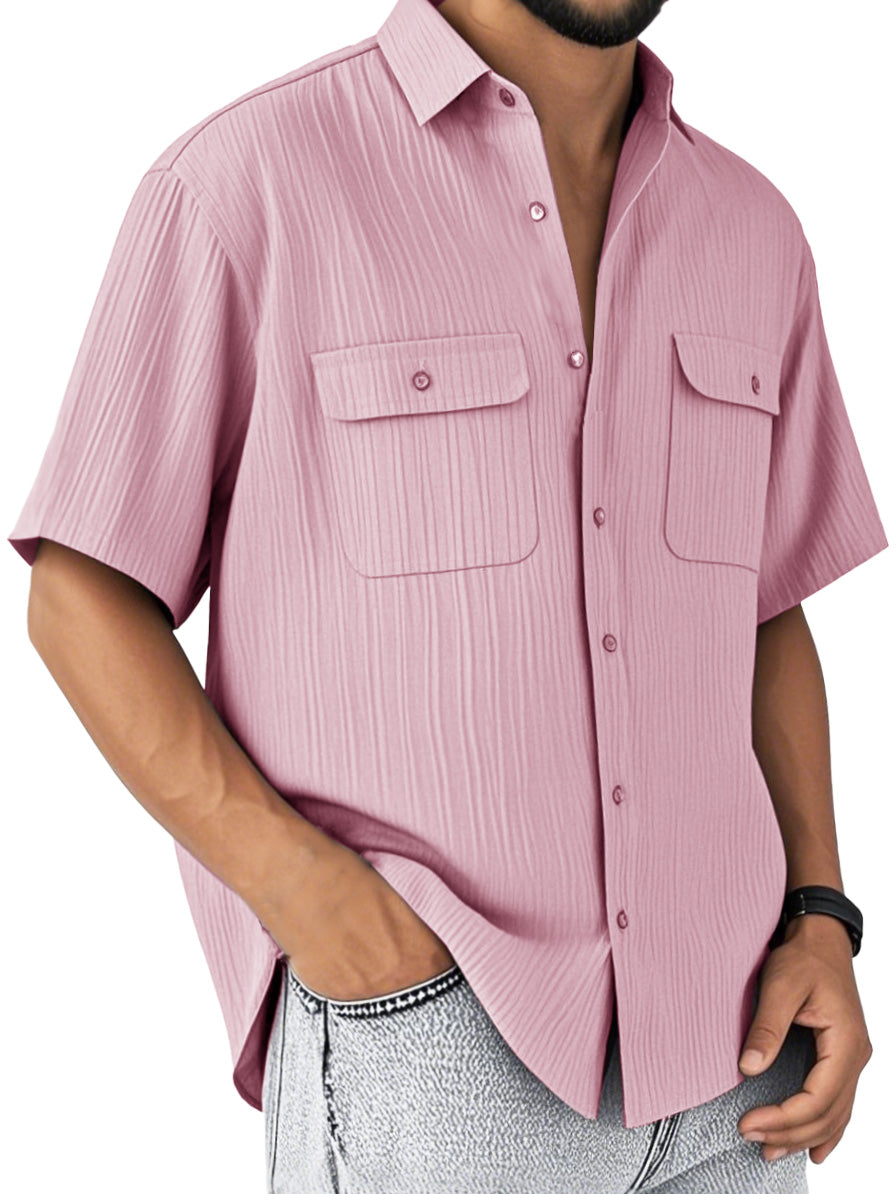 Men's Fashion Retro Double Pocket Lapel Short Sleeve Shirt