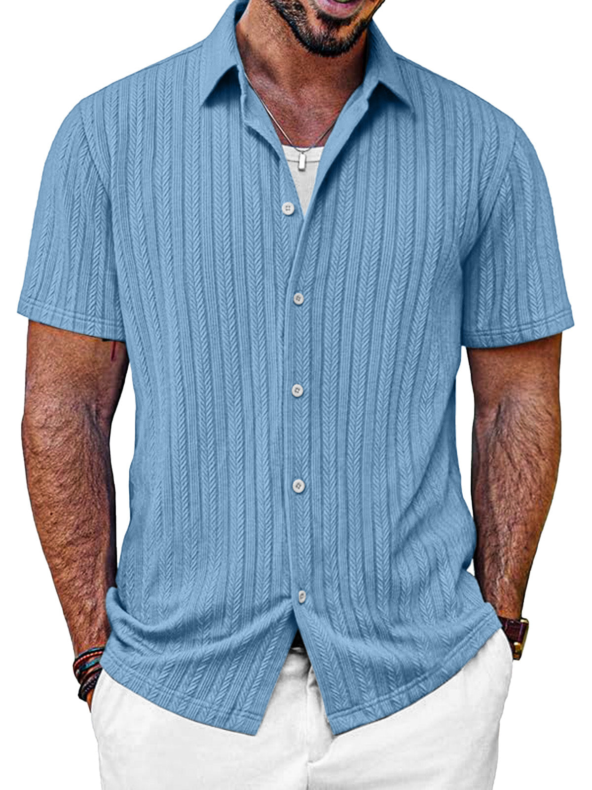 Men's Casual Solid Color Textured Short-sleeved Button-down Shirt