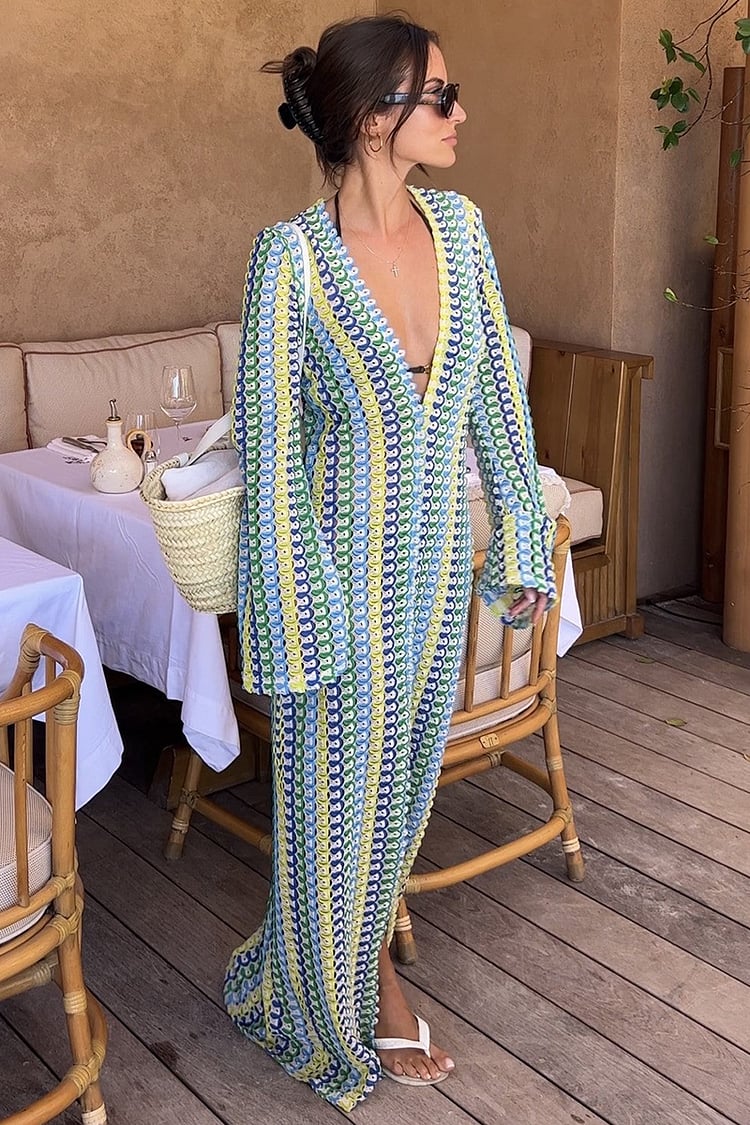 BOHO V NECK BELL SLEEVE WAVY STRIPED CROCHET BEACH VACATION MAXI DRESS