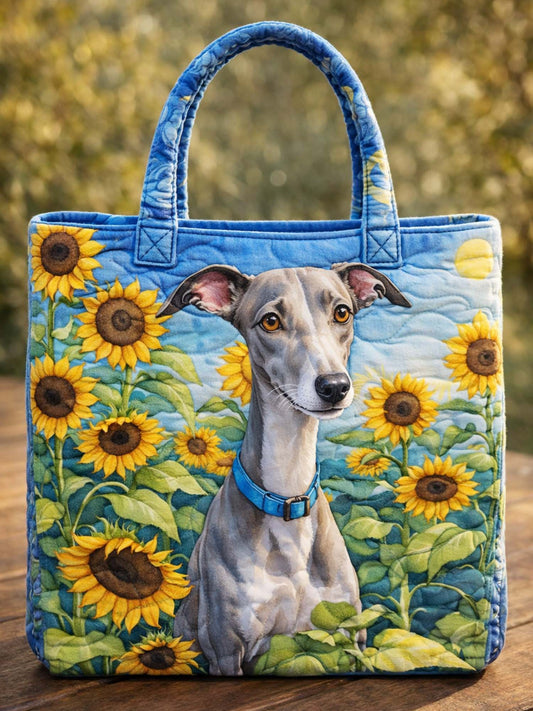 Greyhound Dog Sunflower Quilted Tote Bag
