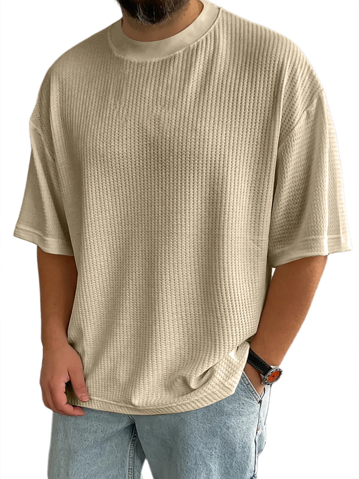 Men's Casual Textured Round Neck Solid Color Short-sleeved T-shirt