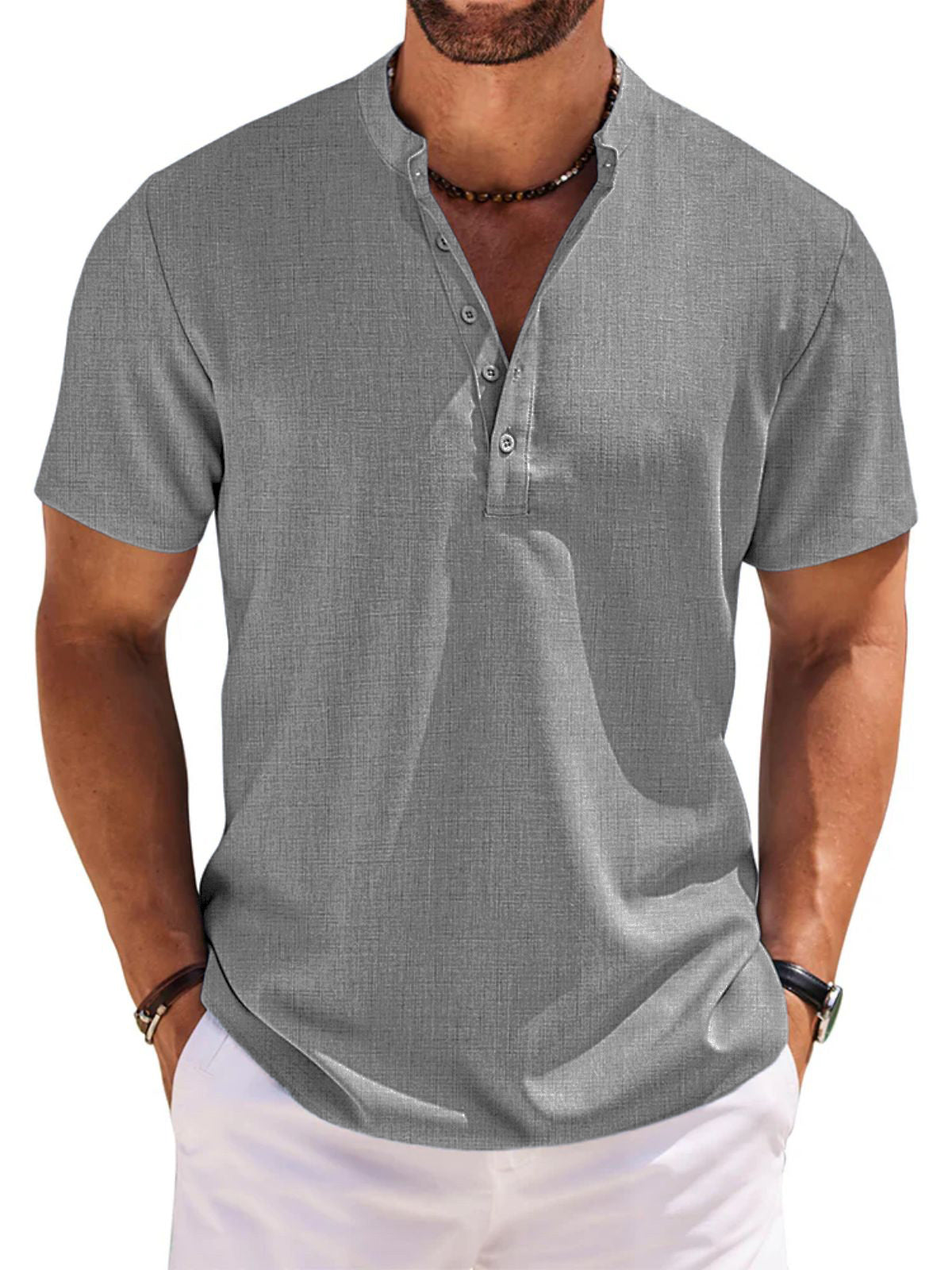 Men's 100% Cotton and Linen Casual Short Sleeve Henley Button Shirt