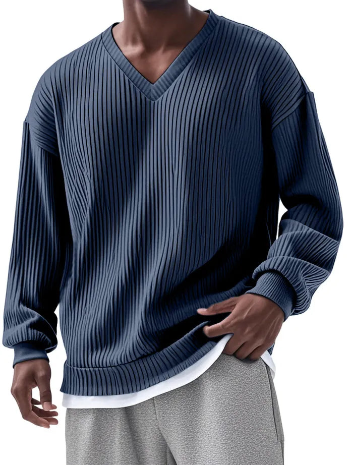 Men's Everyday Loose V-neck Vertical Long-sleeved T-shirt